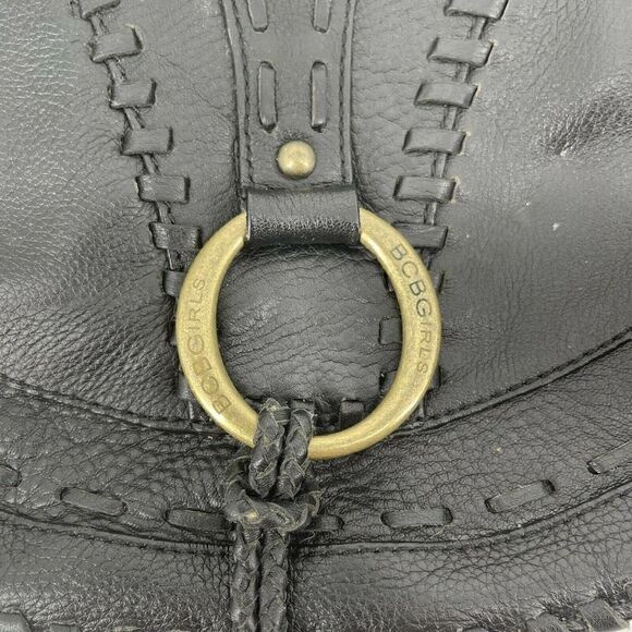 BCBGirls Black Leather Boho Southwestern Hobo Tassel Purse Whipstitch Handbag - Picture 2 of 9